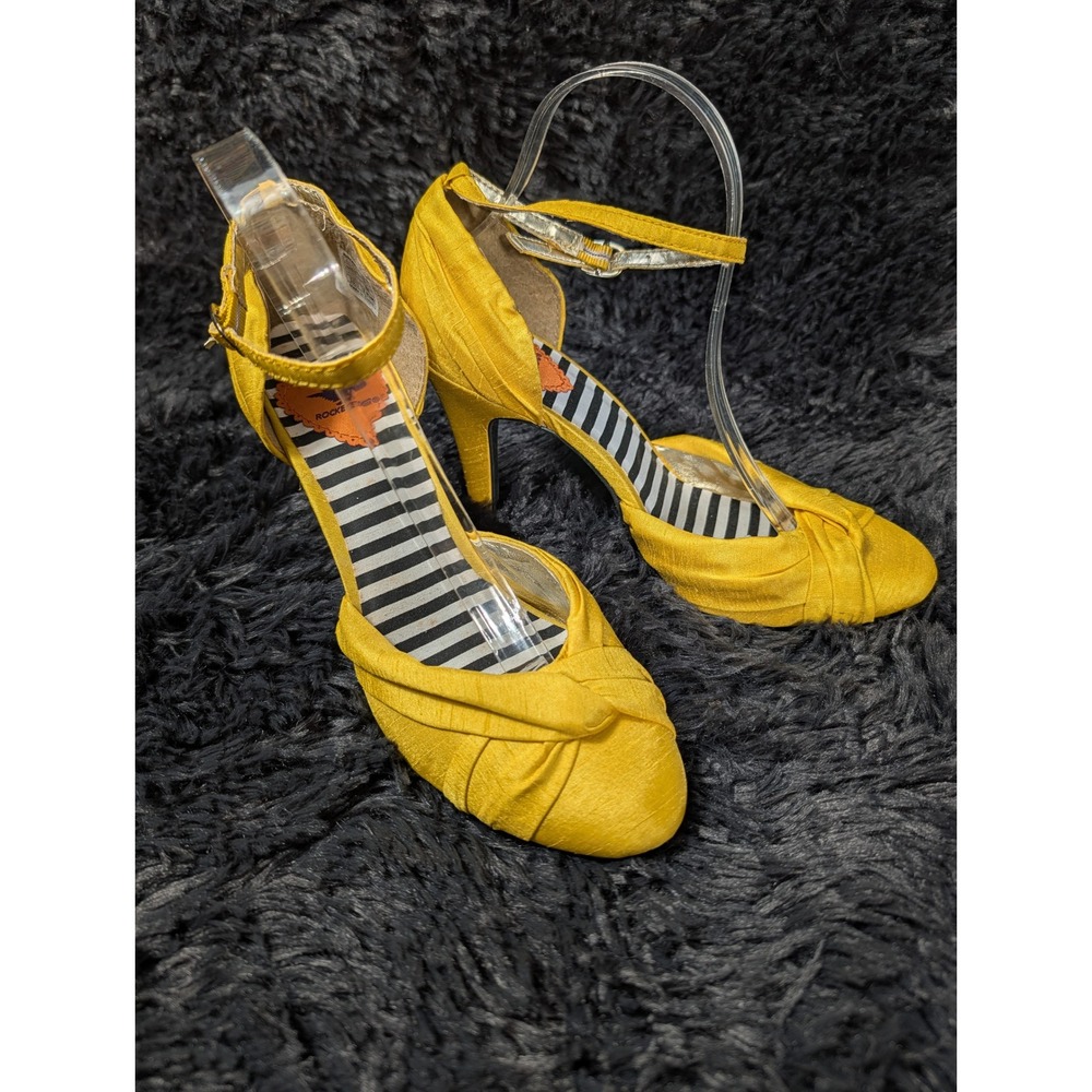 Rocket Dog Yellow Fabric Ankle Strap Heels‎ Knotted Toe Striped Insole 8.5M C249